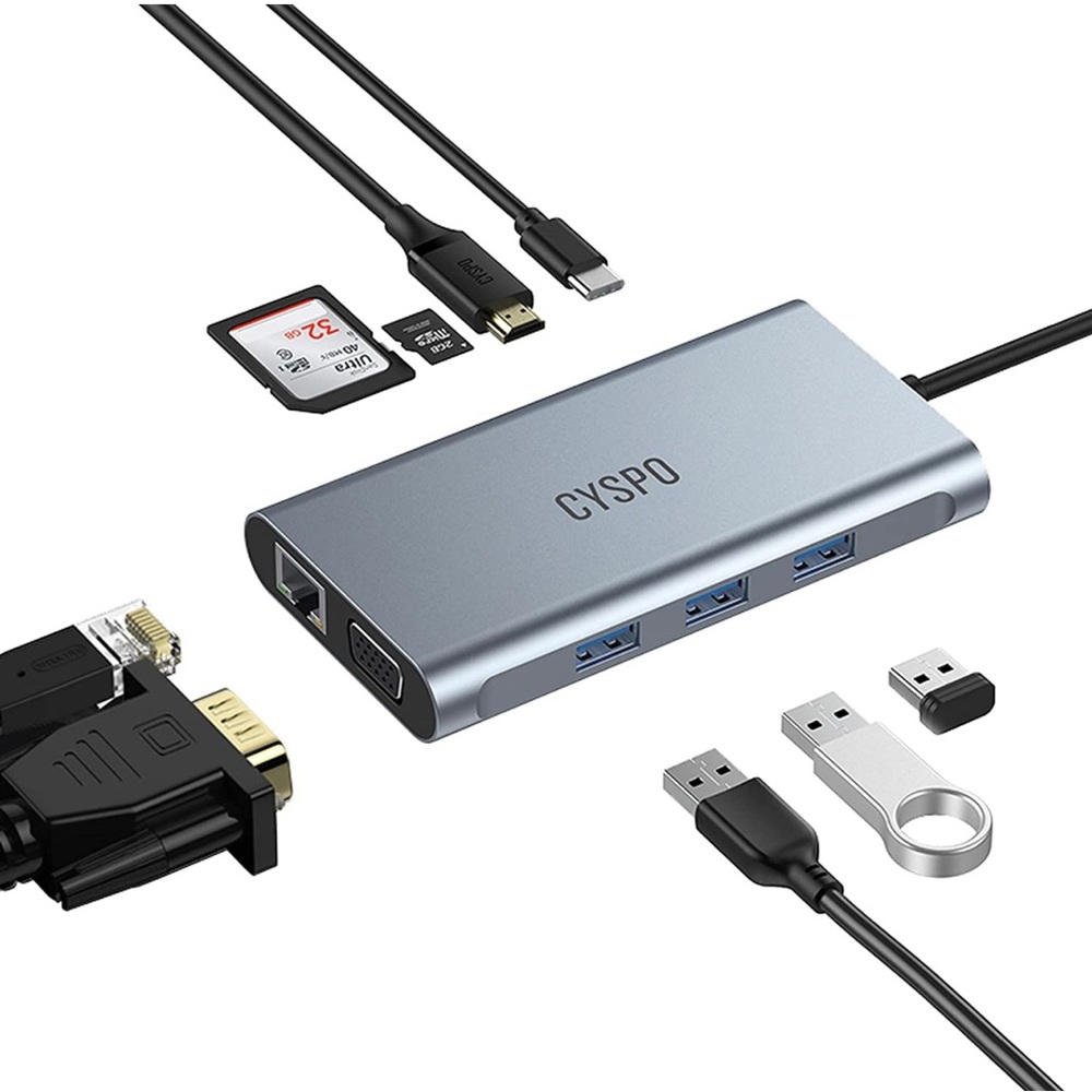 USB C Dock Hub Laptop Docking Station 9-in-1 HDMI 4K VGA 3 USB Port 3.0 100W PD